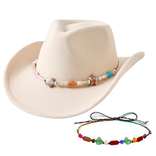 Jastore Kids Girl Boy Western Cowboy Hat for Classic Fedora Hat Felt Cowgirls Hats with Two Decorative Bands (US Age 6 Years 12 Years Beige)