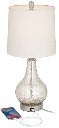 360 Lighting Ledger Modern Accent Table Lamps 21.75" High Set Of 2 With Usb Charging Port Mercury Glass Off White Drum Shade Decor For Living Room Desk Bedroom House Bedside Nightstand Home #TOP2
