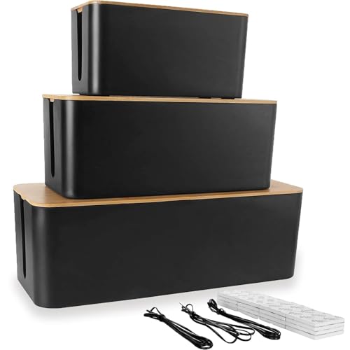 ASelected 3 Piezas Caja Organizadora Cables Tapa Madera Tapa Bambú Negro