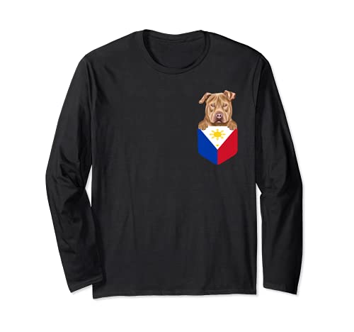 Philippines Flag Usa Staffordshire Terrier Dog In Pocket Long Sleeve T-Shirt, Black