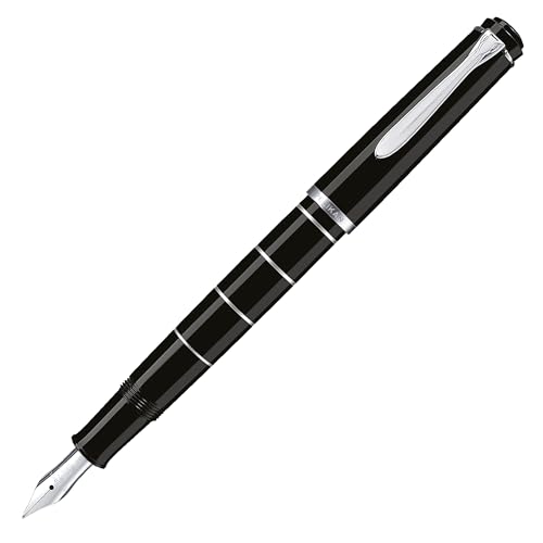 Pelikan Füllhalter Classic 215, Schwarz-Ringe, Feder EF (extra-fein), hochwertiger Kolbenfüller im Geschenk-Etui