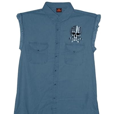 Milwaukee Leather Mens 'Flag and Skull' Sleeveless Blue Denim Shirt-MPMH115034-BLUE-3X