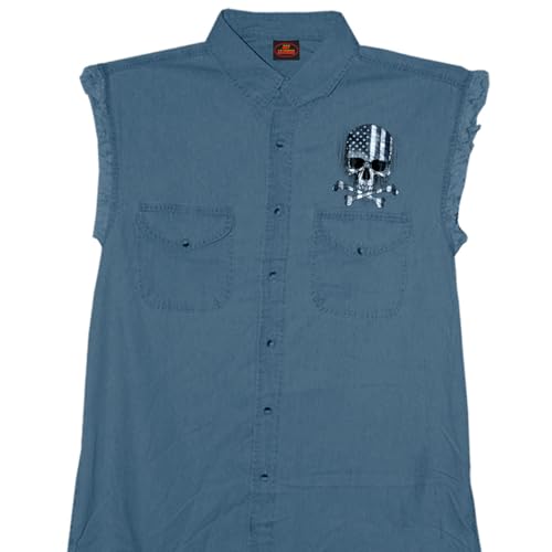 Milwaukee Leather Mens 'Flag and Skull' Sleeveless Blue Denim Shirt-MPMH115034-BLUE-2X by Milwaukee Leather - Used condition - US$12.30
