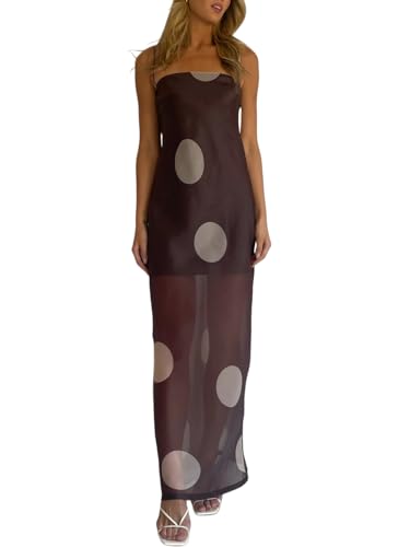 NUFIWI Women Polka Dot Maxi Dress Spaghetti Strap Sheer Mesh Long Dress Sexy Sleeveless Backless Elegant Summer Dresses(Cami Brown,S) at Amazon Women's Clothing store