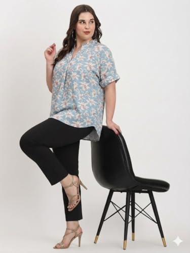 Image of SINDOORI Relaxed Fit Tops for Women Plus Size Solid Printed Mandarin Collar, Band Collar, V-Neck Top, Half Sleeve Loose Fit