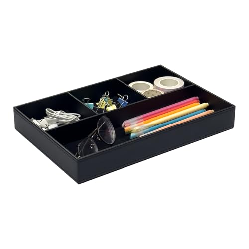 UnionBasic Flat 4-Slot Leather Desk Drawer Tray Stationery Sundries Gadget Organizer Storage Box Pen Pencil Holder Case Container (Black)