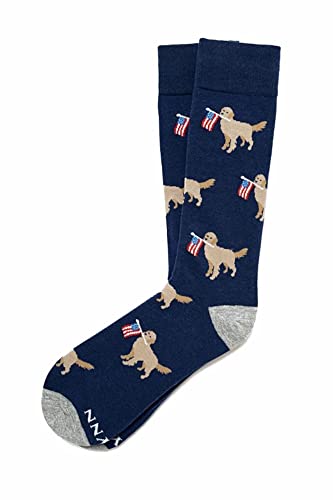 Mens Alynn Blue In Dog We Trust Golden Retriever & American Flag Novelty Dress Crew Socks 7-12.5
