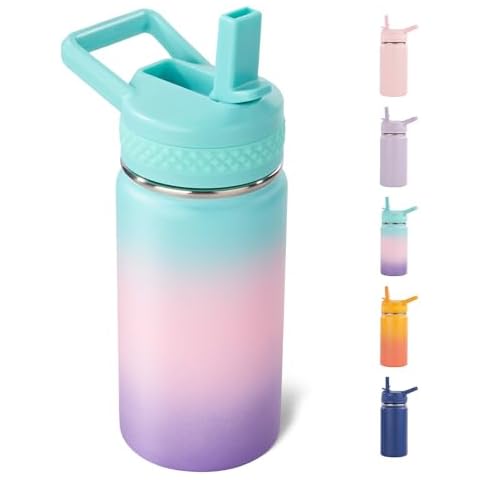 Fijinhom 12oz Kids Water Bottle for School Boys&Girls, Leak-Proof Toddler Water Bottle, Stainless Steel Vacuum Insulated Bottle with Straws Lids, Aurora Cover
