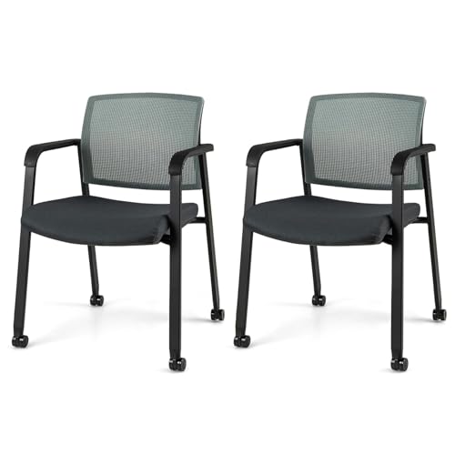 SFAREST - SFAREST Reception Chairs Set, Stackable Mesh Office Desk Chairs, Mid-Back Ergonomic Conference Guest Visitor Armchair for Waiting Meeting Room Office School Lobby (2PCS, with Wheels, Grey)