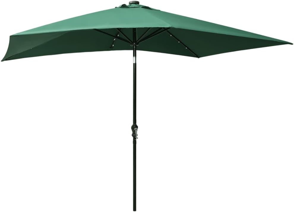 vidaXL Patio Garden Parasol with Solar Powered LED Lights and Steel Pole, UV Protective Rectangular Outdoor Umbrella, Green, 6.6'x9.8