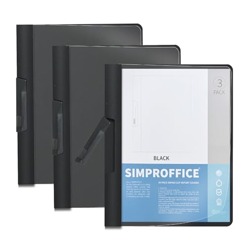 SIMPROFFICE Swing Clip Report Covers, Professional Presentation Folders, Black Report Folders with Swing Clip and Clear Cover, 9 x 11.4 Inches, 3 Pack