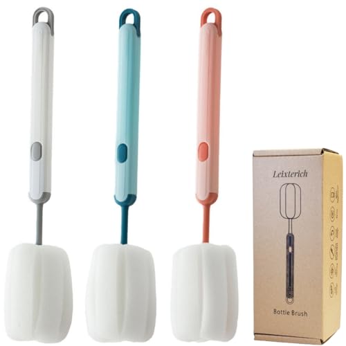 Leixterich Bottle Brush Long Handle Cup Cleaner Brush Sponge Bottle Scrubber Detachable Handle Portable Sponge Cleaning Brush for Cups Wine Glasses Water Bottles Baby Bottles and Vacuum Flasks(3 PCS)