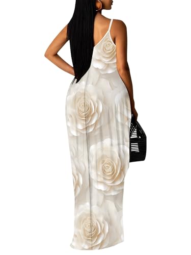 Image of Women Spaghetti Strap Maxi Dress with Pockets | Soft fabric relaxed fit sleeveless v neck with pockets for party and daily wear