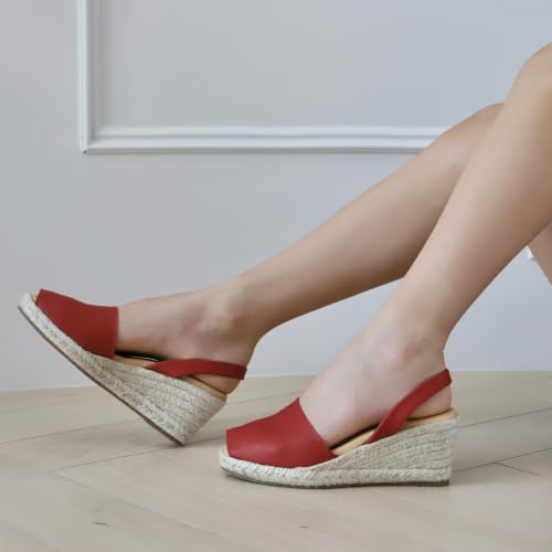 Image of Espadrilles Wedges for Women, Dressy Soft Leather Peep Toe Womens Espadrille Sandals, Comfortable Casual Summer Slip On