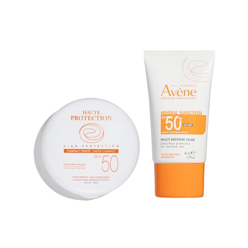 Avène High Protection Beige Tinted Compact, & Mineral Multi-Defense Sunscreen Broad Spectrum SPF 50+, UVA/UVB Blue Light Protection, Water Resistant, Non-Greasy