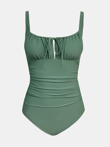Image of CUPSHE Women's One Piece Swimsuit Ruch Drawstring Square Neck Bathing Suit | Self Tie,Soft Removable Cups,Adjustable Wide Straps,Cutout,Bach Hook,Chic,Fashion,Comfort,Swimwear for Vacation,Beach,Pool