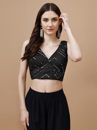 Womanista Synthetic Women's Dupion Embroidered Sleeveless Regular Fit Sleeveless Sleeveless Blouse (Bl_11A_Black Medium)