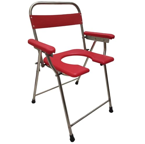 Image of Stainless Steel Toilet Chair, Foldable, Stainless Steel Commode, Bathroom Chair, for Elderly, Disabled and Pregnant Women, Lightweight, Portable, Anti-Skid, Support Upto 100Kg (Red, Normal)