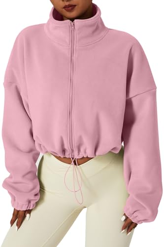 QINSEN Women's Full Zip Fleece Short Jacket Warm Winter Long Sleeve Stand Collar Sherpa Crop Coat Pink M