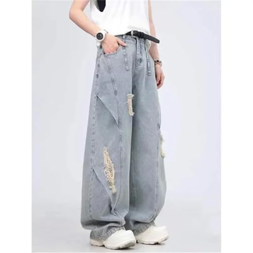 Men's American Retro Washing Scimitar Jeans Ripped Design Wide-Leg Trousers3