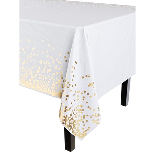 Image of Party Solids White & Gold Dot Rectangular Plastic Tablecloth - 54x108 Inch, Pack of 24