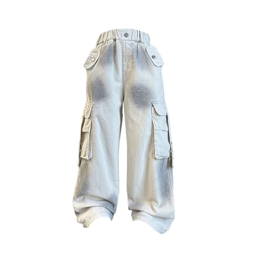 BILIKEYU Girls Denim Cargo Pants Color Block Elastic Waist Baggy Wide Leg Streetwear Jeans with Big Pockets 52