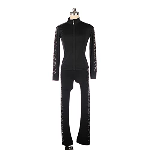 Dagord Figure Skating Training Suit, Sparkling Rhinestone Stretch Breathable Women's Girl's Ice Skating Training Jackets And Pants Leggings Sets,2Xl,Black #TOP5