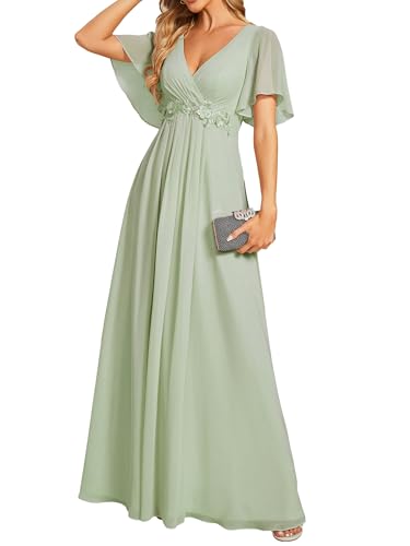 Ever-Pretty Women's Chiffon A-Line Ruched Short Sleeves Applique Waist V Neck Formal Evening Dresses Mint Green US12