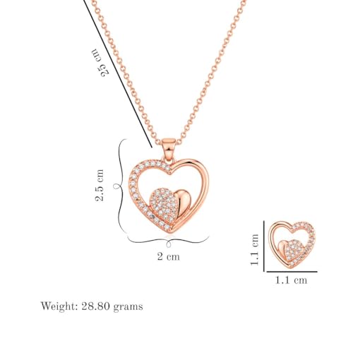 Image of Nilu's Collection American Diamond Rose Gold & Silver Plated Love Shaped Pendant Necklace Set with Chain & Stud Earring for Girls and Women