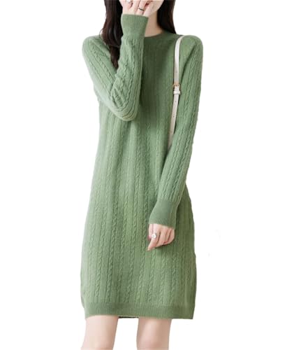 Haitpant Women's 100% Merino Wool Knitted Pullover Autumn Winter Solid Cable Flower All-Match Sweater Dress