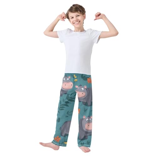 Cartoon Hippo Floral Boys Long Pants Soft Trousers Elastic Waist Kids Lounge Bottoms with Pockets S-XL3