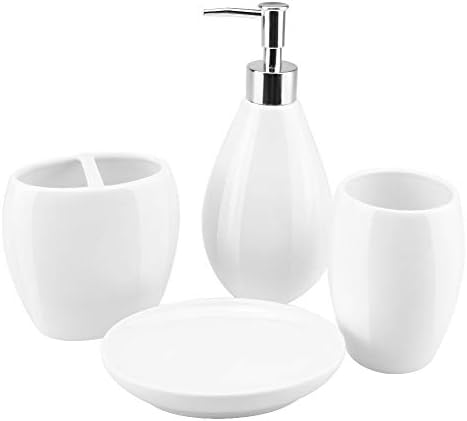 4-Piece Ceramic Bathroom Accessory Set, Bathroom Accessories Set Includes Soap Dispenser, Toothbrush Holder, Tumbler, Soap Dish, Complete Bathroom Ensemble Sets for Bath Decor, Ideas Home Gift (White)