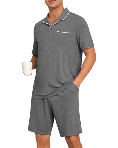 PrinStory Mens Pajamas Set Summer Pjs Sets Lightweight Short Sleeve Pajama Soft Sleepwear Loungewear with Pockets Dark Gray-XL