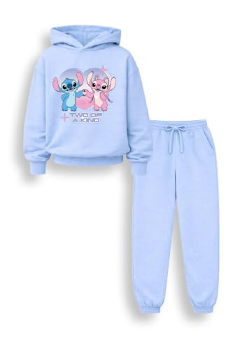 Image of Brand Threads Disney Lilo & Stitch Girls Light Blue Tracksuit Set with Hooded Sweatshirt and Jogger Bottoms, Cotton Rich Character Loungewear for Kids, Ages 3 to 12 Years, Two Piece