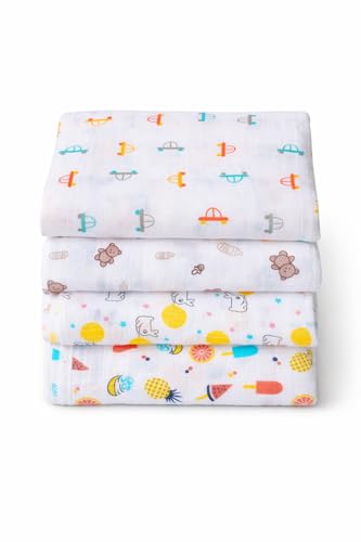 Image of Muslin Baby Bath Towel Cotton Super Soft Bathing Towels, Napkin for Newborn Single Layer Kids Boys and Girls (Pack of 4) White,Size 75 x 100 Cm, Multiprint on White