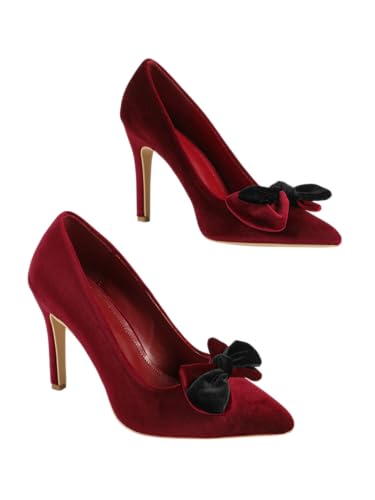 Women's Burgundy Velvet Pointed Toe High Heel Pumps, Black Bow Decoration, Elegant Evening Shoes, Chic Party Footwear, Trendy Formal High Heels