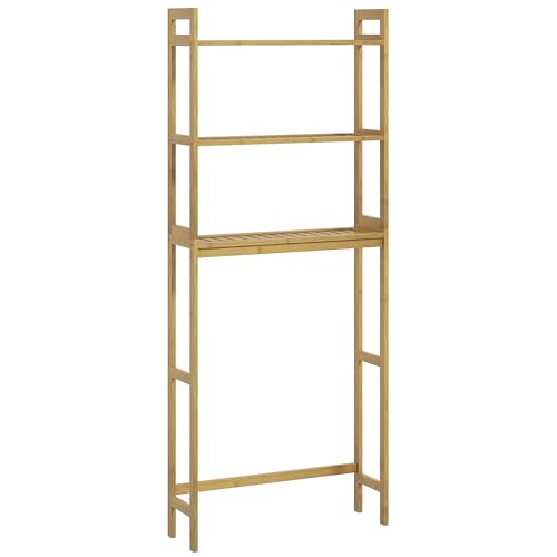 kleankin Estantería sobre Inodoro de Bambú Estantería de Baño con 3 Estantes y Alfombrillas Antideslizantes Antivuelco Estilo Moderno 68x20x165 cm Natural