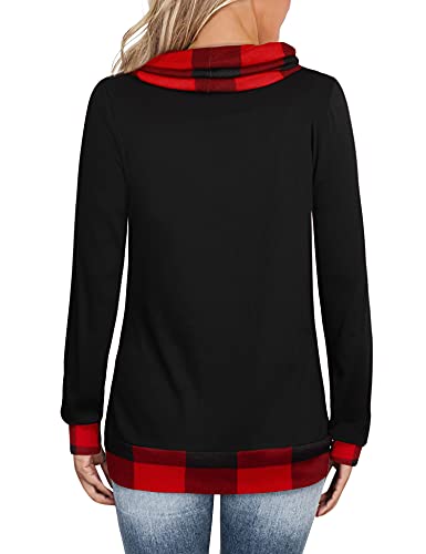 Plus Size Pullover Sweatshirt,Youtalia Women's Tops Long Sleeve Cowl Neck Shirt Color Block Hoodie Button Side Top Winter Christmas Tops Loose Fit Casual Sweatshirt For Women Plaid Black Red Xx-Large #TOP2