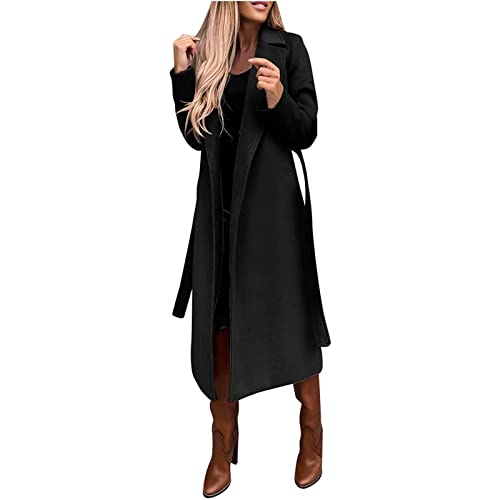 Generisch Wintermantel Damen Lang Mantel Warm Elegant Damen-Mäntel Mit Gürtel Übergangsmantel Einfarbig Revers Wintercoat Jacke Ohne Kapuze Winterjacke Winddicht Wollmantel...