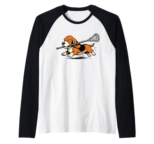 Basset Hound Jugando Lacrosse Lax Player Dog Lover Camiseta Manga Raglan