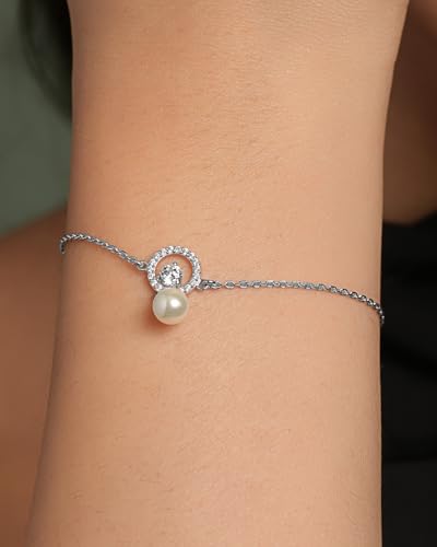 Image of CLARA 925 Sterling Silver Dante Pearl Pendant Earrings Chain Bracelet Ring for Women & Girls| Platinum Plated | Gift for her