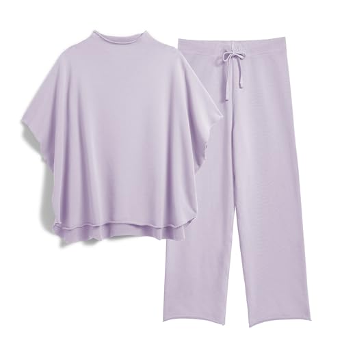 Image of SeeLuNa Women's Two Piece Outfits 3/4 Batwing Sleeve Capelet Crew Neck Pullover Top Wide Leg Pants Lounge Set