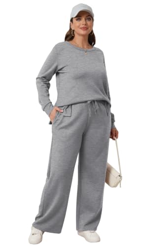 Image of WIHOLL Women's 2 Piece Lounge Sets Sweatshirt Casual Travel Outfits Fashion Wide Leg Tracksuit Cozy Sweatsuits