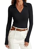 Meetrendi Womens Long Sleeve V Neck Polo Shirts Business Casual Collared Work Top Slim Fitted Basic 2024 Fall Outfit Black