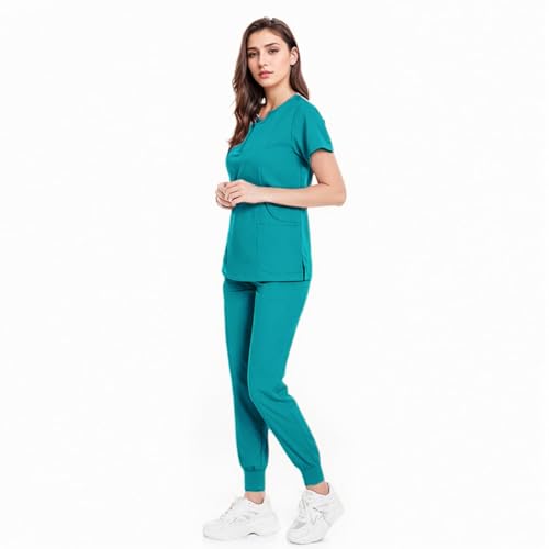 Meichoon Set de uniformes médicos para mujer Camiseta redonda con cuello de enfermera y 4 bolsillos Pantalones cónicos ajustados Elástico Suave DK07 Azul lago pequeño