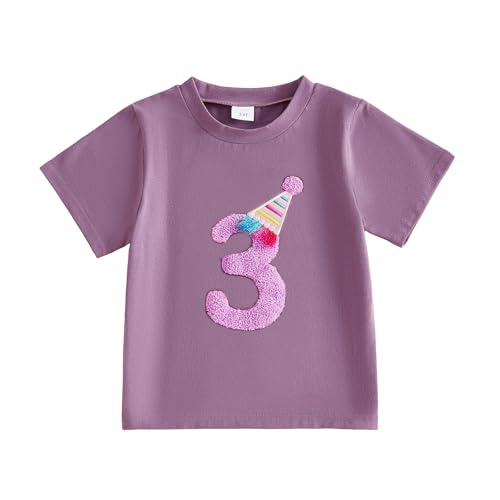 MAHUAOYIXI Baby Girls Birthday Tops for Kids Girls T Shirt Short Sleeve Crewneck Number Embroidery Pullover Toddler Birthday Summer Clothes (Purple Three, 3-4 Years)