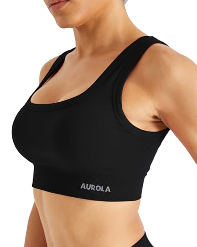 Image of AUROLA Power Womens Square Back Basic Sports Bra - Square Neck Padded Low Impact Yoga Bra Workout Crop Top
