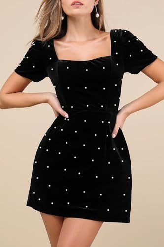 Women's Velvet Pearl Mini Dress Short Sleeve Square Neck Party Club Elegant Short Dresses2