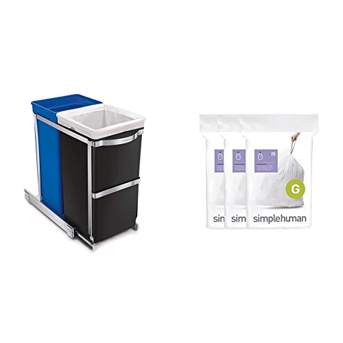 Simplehuman 35 Liter / 9.3 Gallon Dual Compartment Under Counter Kitchen Cabinet Pull-Out Recycling Bin And Trash Can & Code G Custom Fit Drawstring Trash Bags, 60 Pack, White, 60 Count #TOP22