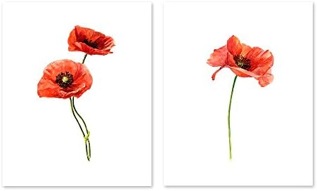 AtoZStudio A33 Red Poppies Flower Wall Art Decor Prints - Set of 2 Pictures - Poppy Cute Botanical Nature Plant Home Posters - Watercolor Painting Artwork (8x10)